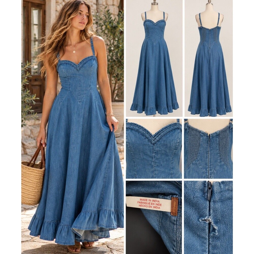 Free People Denim Corset Maxi Dress Blue Cottagecore Prairie Western